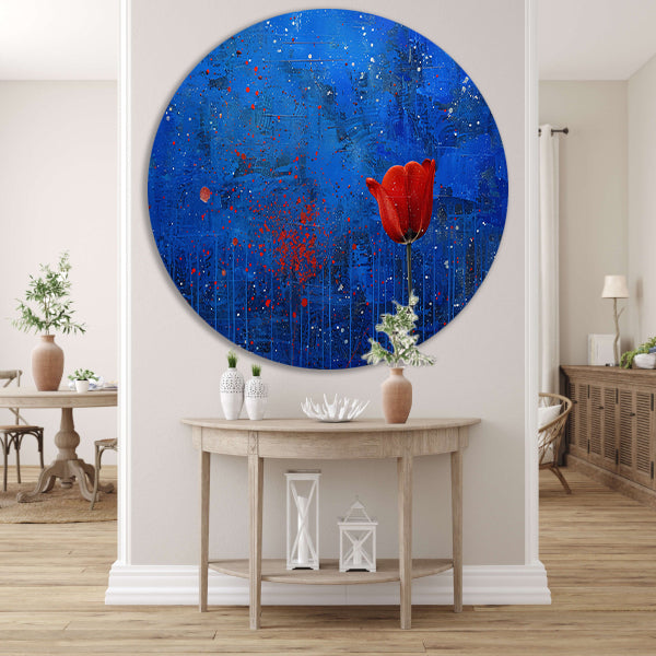 Abstracte tulp tegen dynamische blauwe achtergrond aluminium muurcirkel