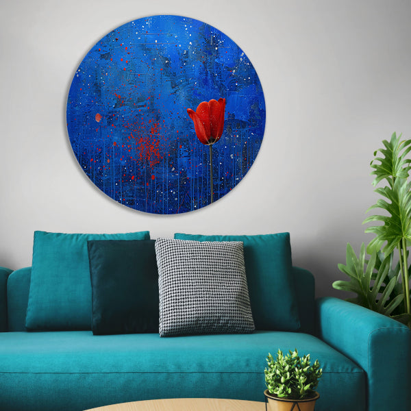 Abstracte tulp tegen dynamische blauwe achtergrond aluminium muurcirkel