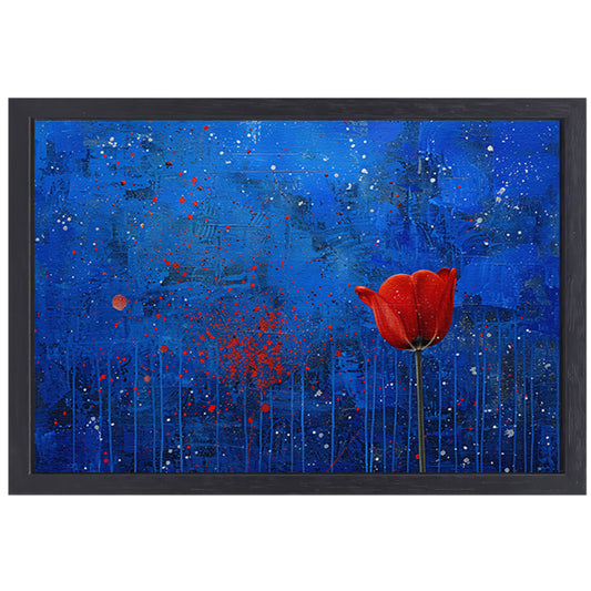 Abstracte tulp tegen dynamische blauwe achtergrond canvas met baklijst