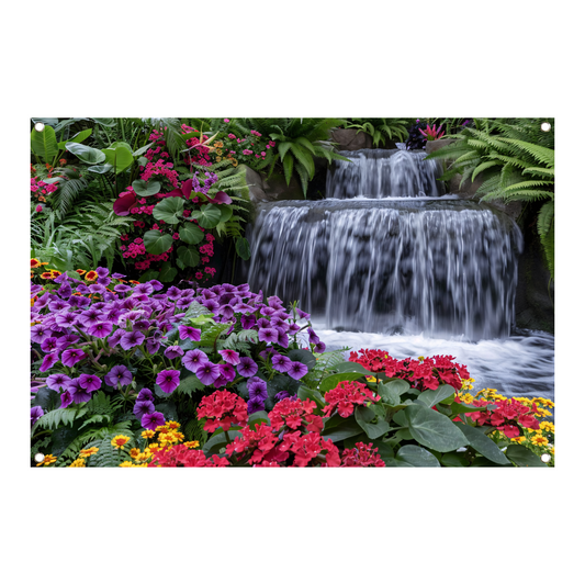 Kleurrijke bloementuin met serene waterval tuinposter