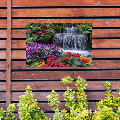 Kleurrijke bloementuin met serene waterval tuinposter
