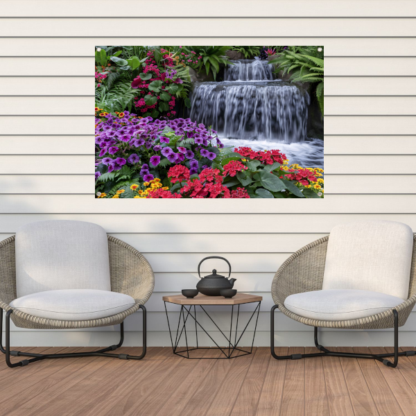 Kleurrijke bloementuin met serene waterval tuinposter