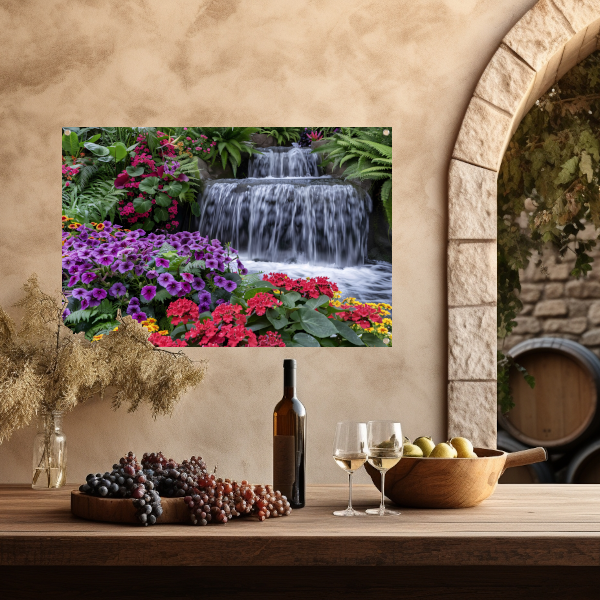 Kleurrijke bloementuin met serene waterval tuinposter