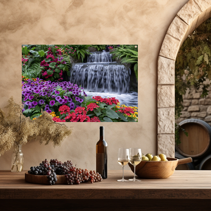 Kleurrijke bloementuin met serene waterval tuinposter