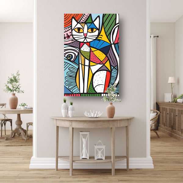 Kleurrijk kubistisch kat schilderij met patronen acrylglas