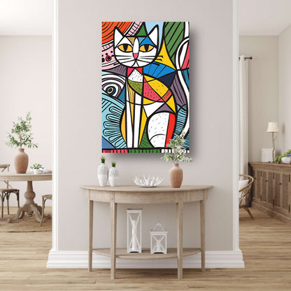 Kleurrijk kubistisch kat schilderij met patronen acrylglas