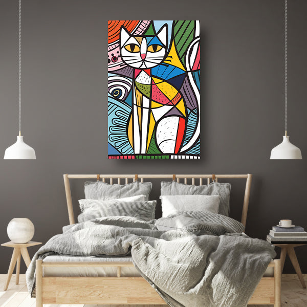 Kleurrijk kubistisch kat schilderij met patronen poster