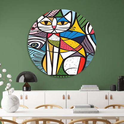Kleurrijk kubistisch kat schilderij met patronen aluminium muurcirkel