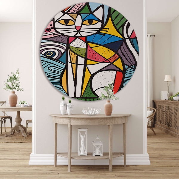 Kleurrijk kubistisch kat schilderij met patronen aluminium muurcirkel