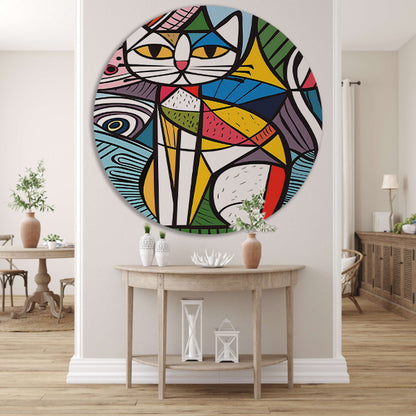 Kleurrijk kubistisch kat schilderij met patronen aluminium muurcirkel