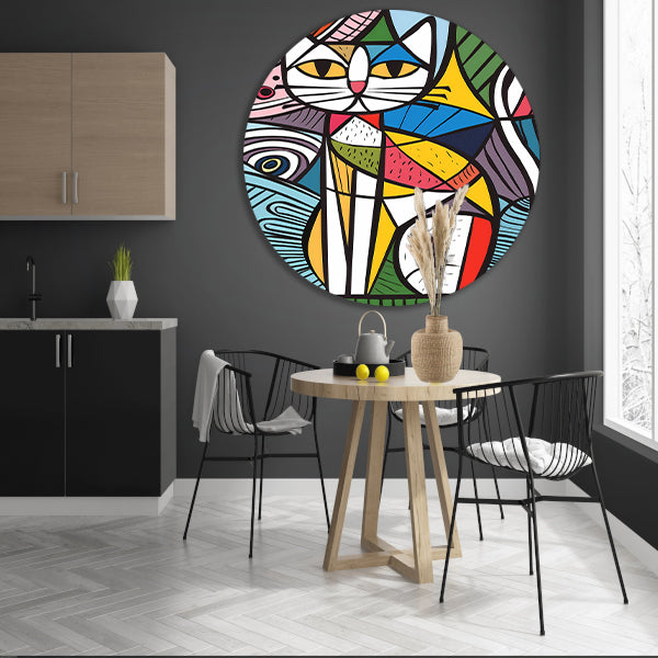 Kleurrijk kubistisch kat schilderij met patronen aluminium muurcirkel