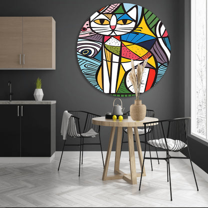 Kleurrijk kubistisch kat schilderij met patronen aluminium muurcirkel