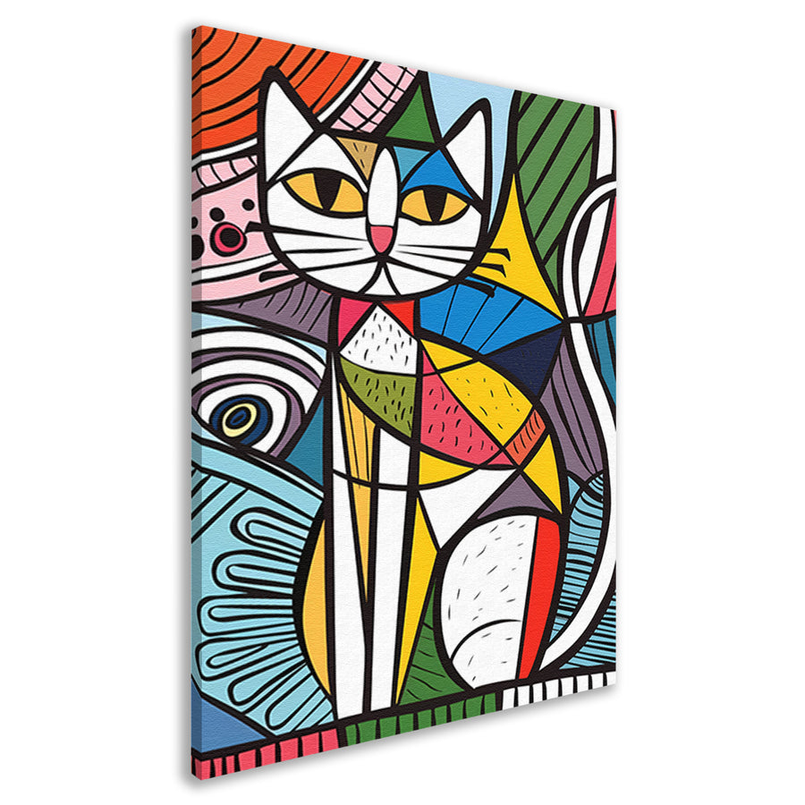 Kleurrijk kubistisch kat schilderij met patronen canvas