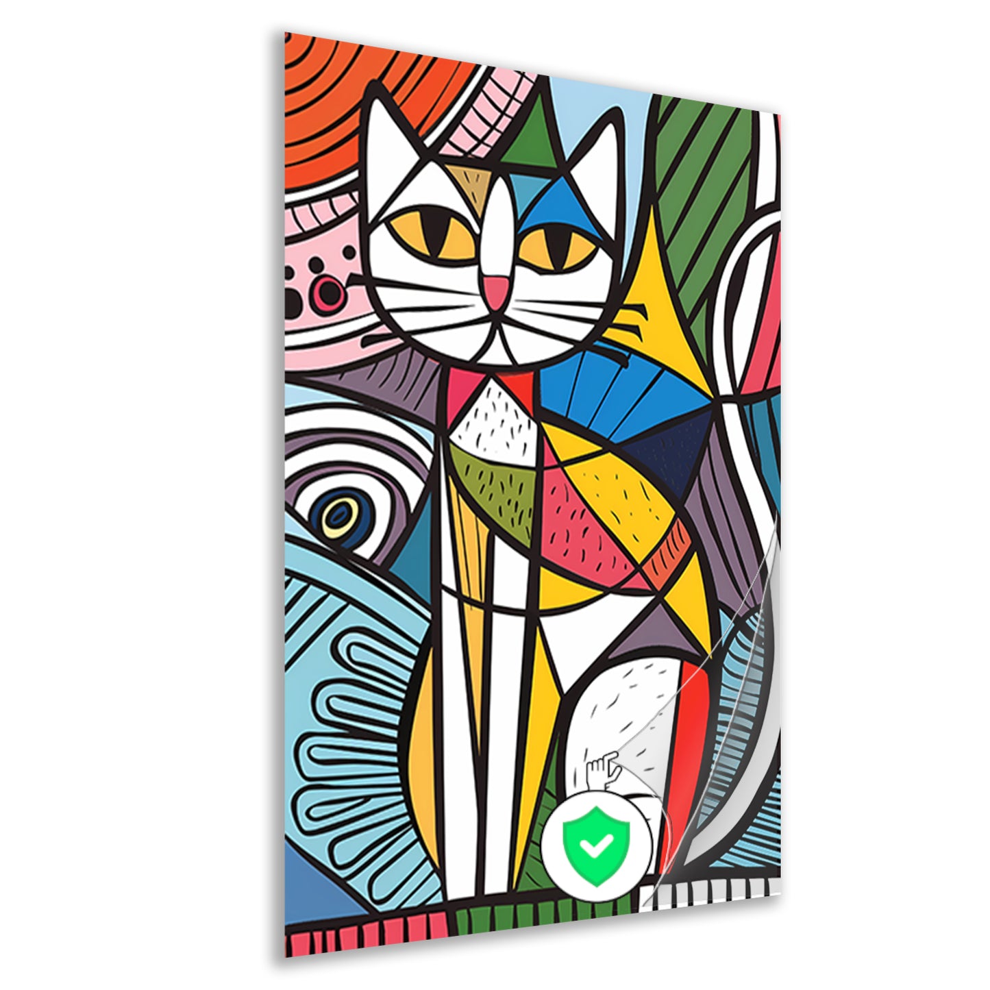 Kleurrijk kubistisch kat schilderij met patronen poster