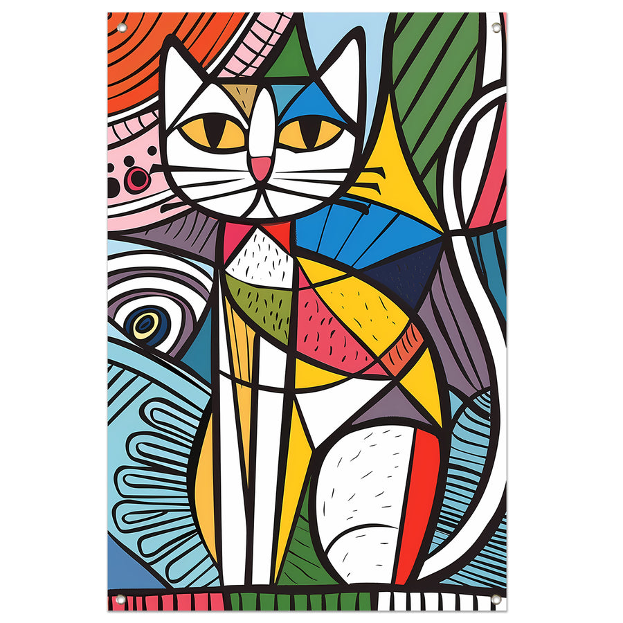 Kleurrijk kubistisch kat schilderij met patronen tuinposter