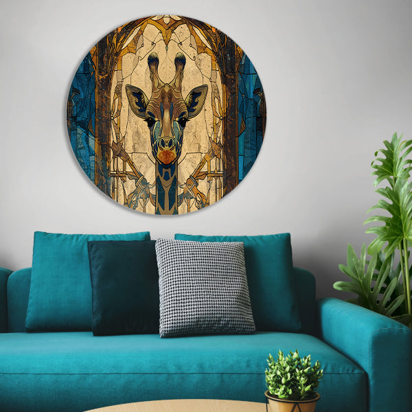 Abstracte giraffe in glas-in-lood stijl schilderij aluminium muurcirkel