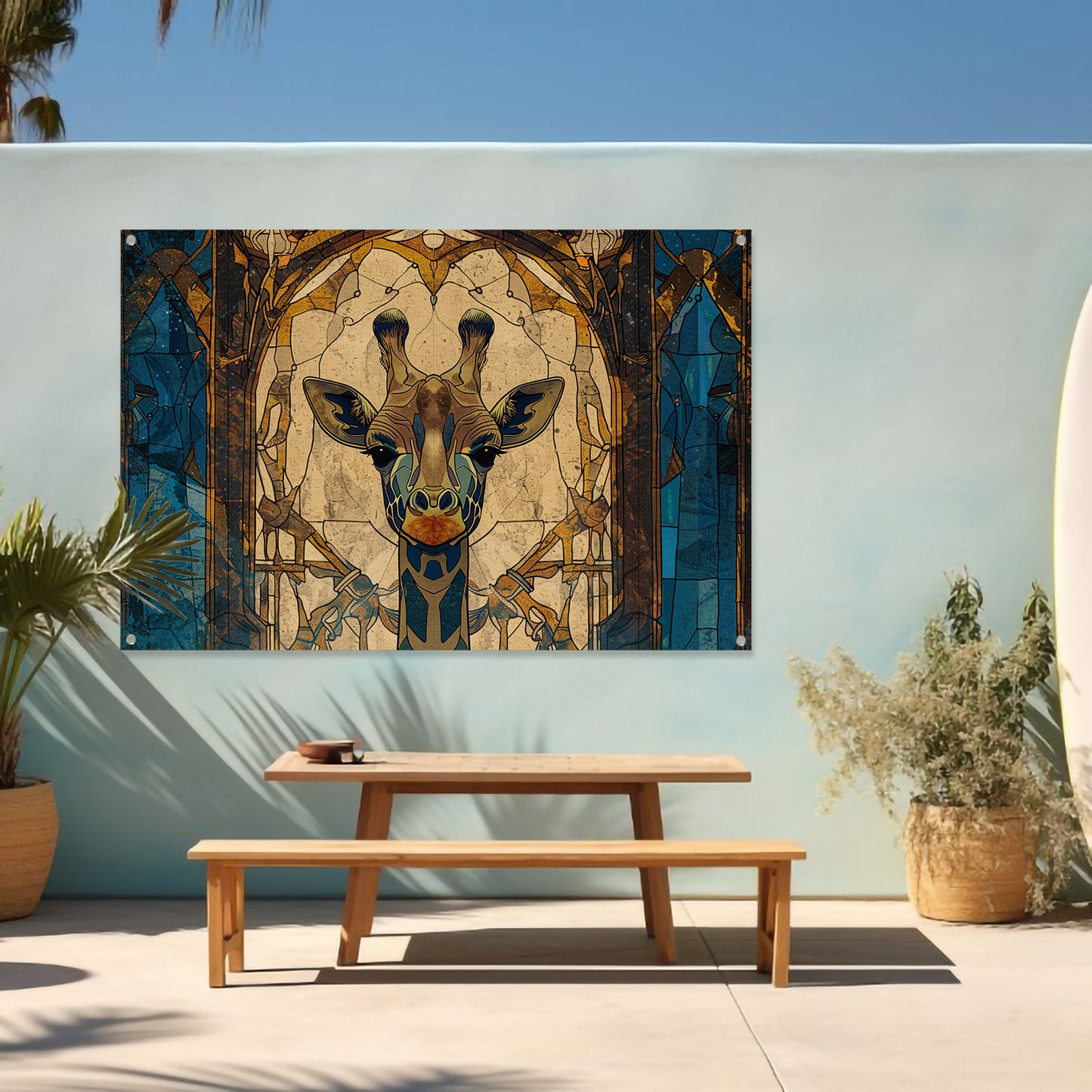 Abstracte giraffe in glas-in-lood stijl schilderij tuinposter