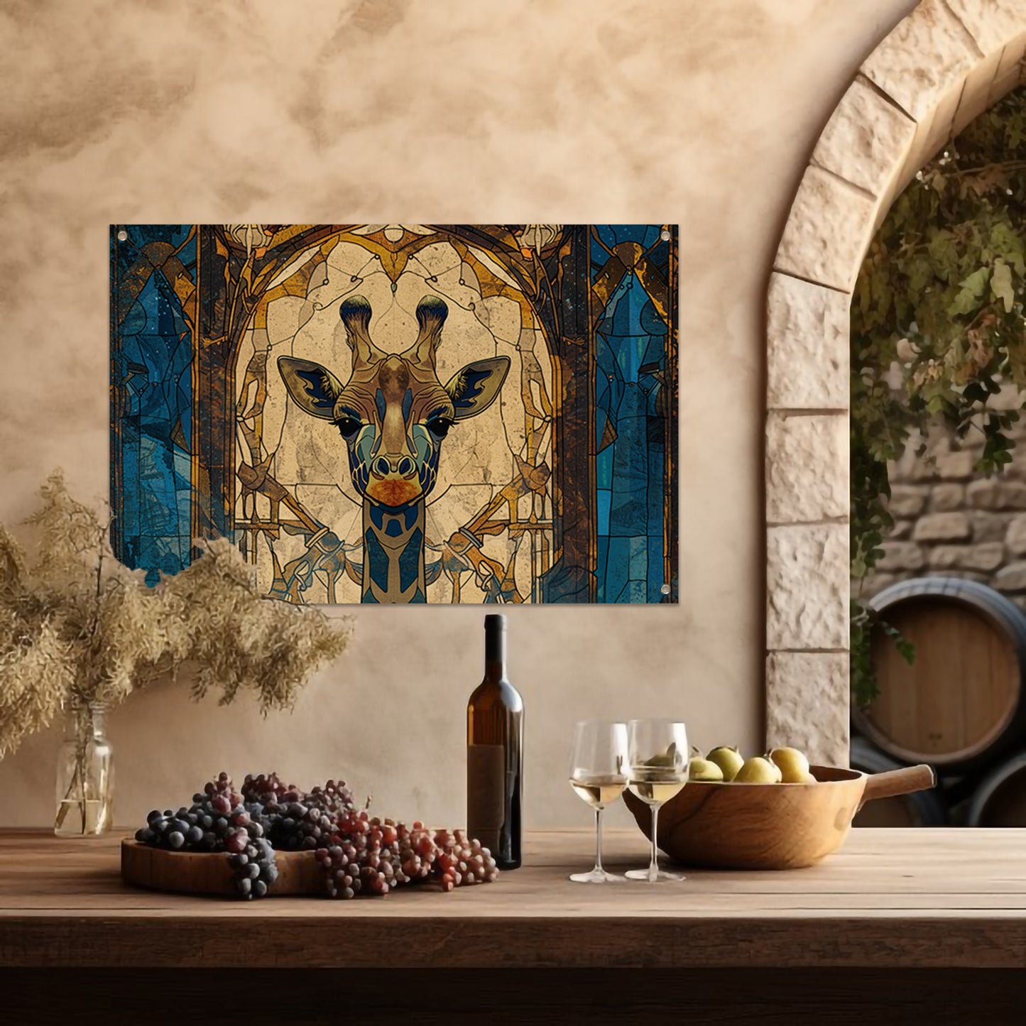 Abstracte giraffe in glas-in-lood stijl schilderij tuinposter