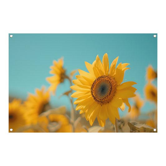 Veld vol zonnebloemen onder helderblauwe hemel tuinposter