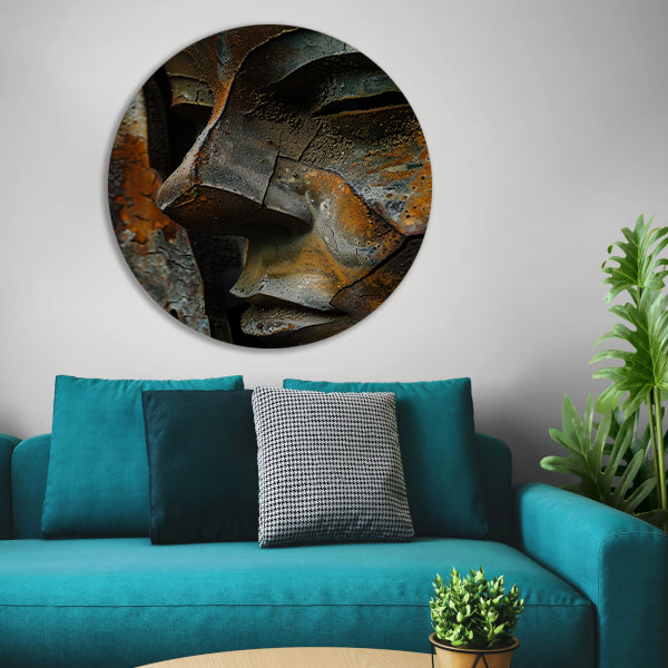 Digitaal portret van verweerd gezicht aluminium muurcirkel
