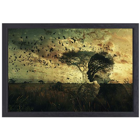 Mens en natuur versmolten in kunst canvas met baklijst