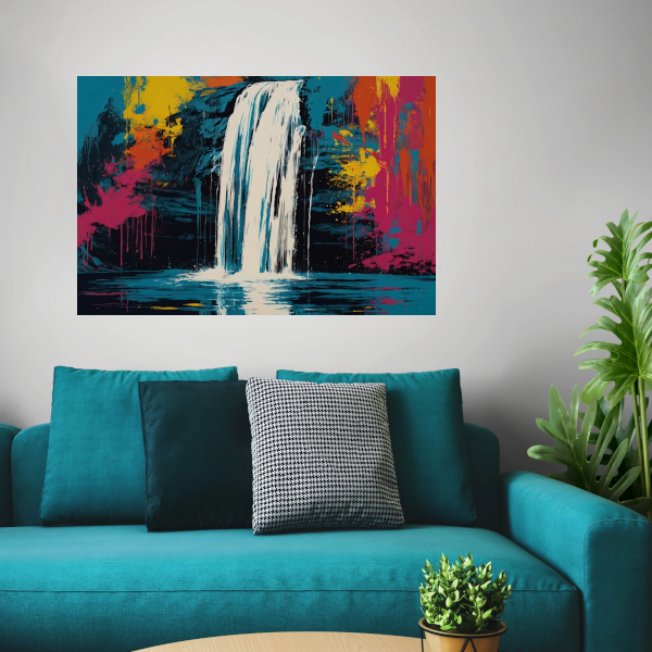 Abstracte Waterval in Levendige Kleurenexplosie poster