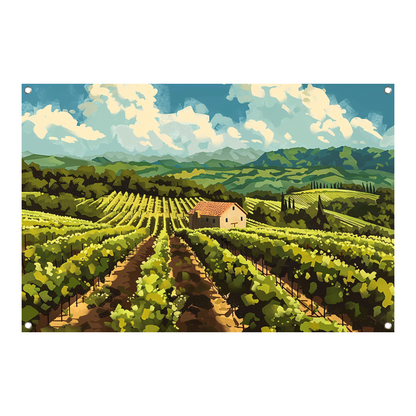 Idyllisch wijngaard landschap met boerderij tuinposter
