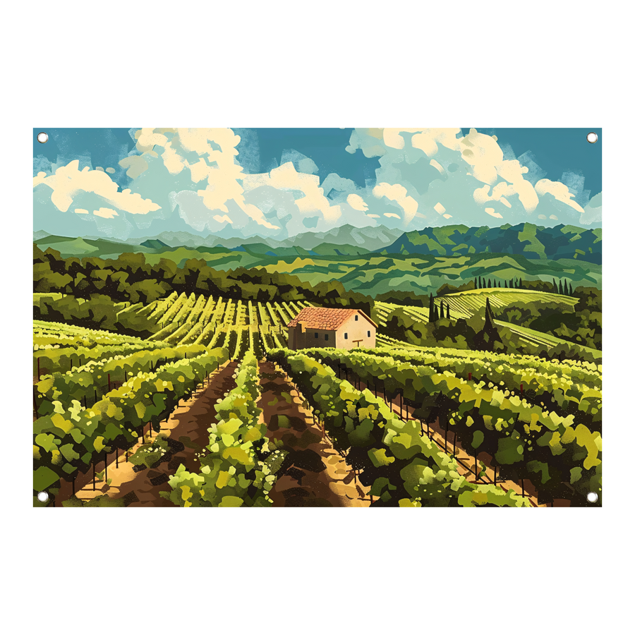 Idyllisch wijngaard landschap met boerderij tuinposter
