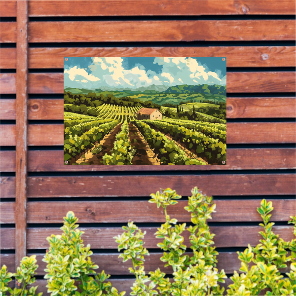 Idyllisch wijngaard landschap met boerderij tuinposter