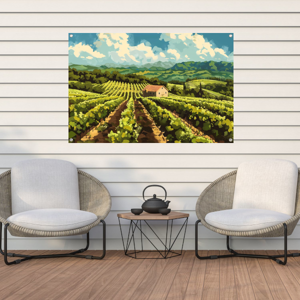 Idyllisch wijngaard landschap met boerderij tuinposter