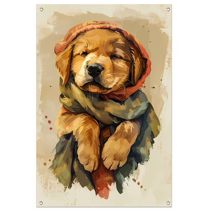 Dromend puppy in winterse sferen tuinposter