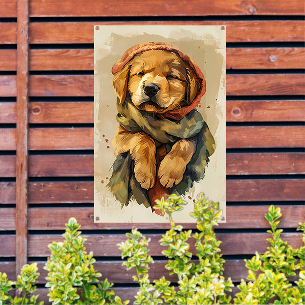 Dromend puppy in winterse sferen tuinposter