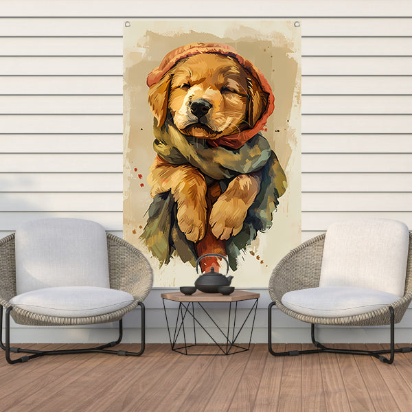 Dromend puppy in winterse sferen tuinposter