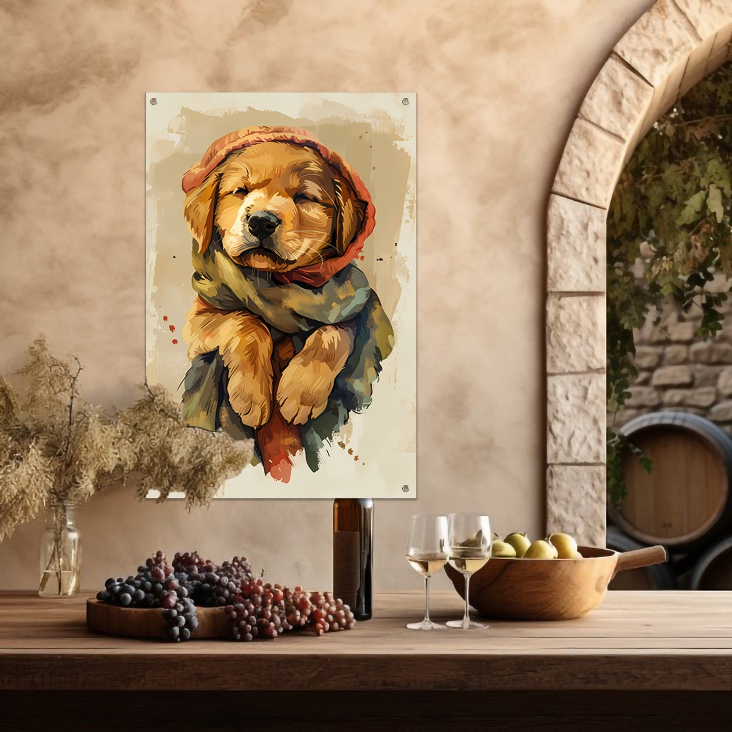 Dromend puppy in winterse sferen tuinposter