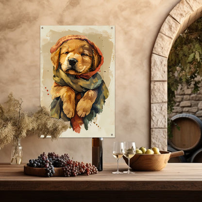 Dromend puppy in winterse sferen tuinposter