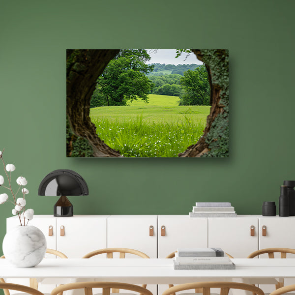 Natuurlandschap door een houten raam poster