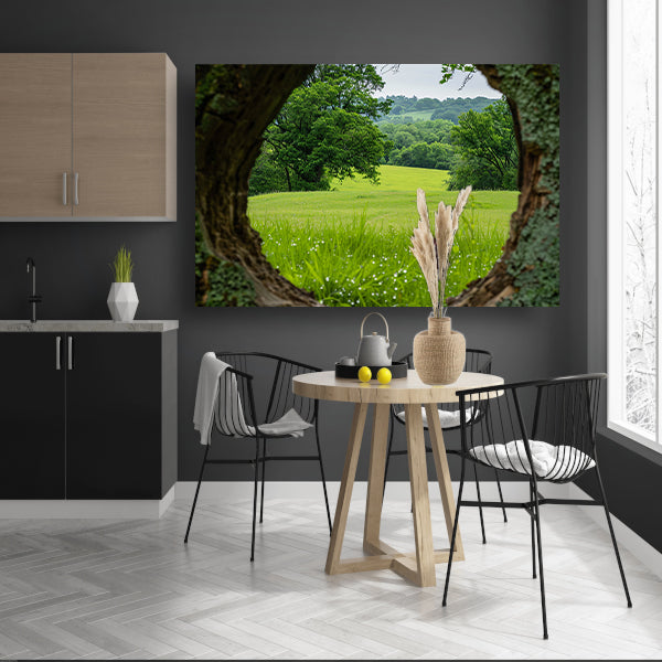 Natuurlandschap door een houten raam poster