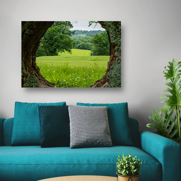 Natuurlandschap door een houten raam poster