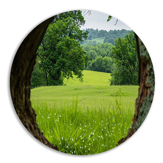 Natuurlandschap door een houten raam aluminium muurcirkel