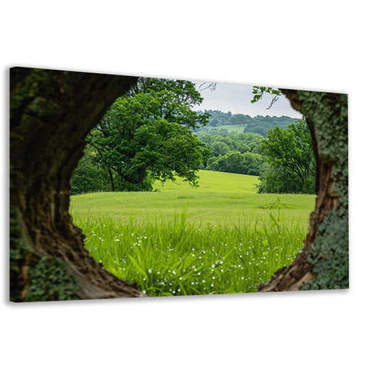 Natuurlandschap door een houten raam canvas