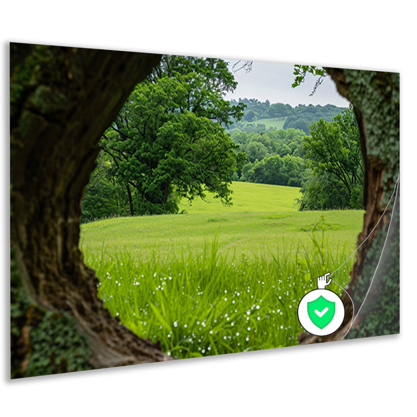 Natuurlandschap door een houten raam poster