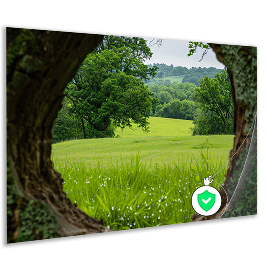 Natuurlandschap door een houten raam poster