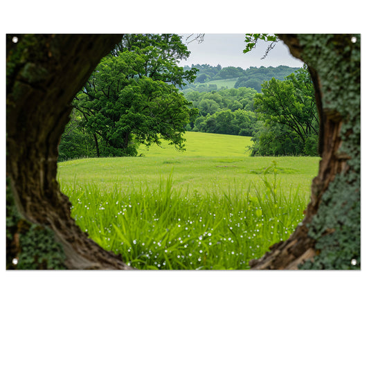 Natuurlandschap door een houten raam tuinposter