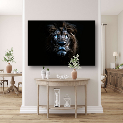 Indrukwekkende leeuw met hypnotiserende blauwe ogen acrylglas