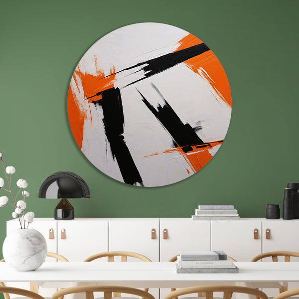 Dynamische abstractie in zwart, wit en oranje forex muurcirkel