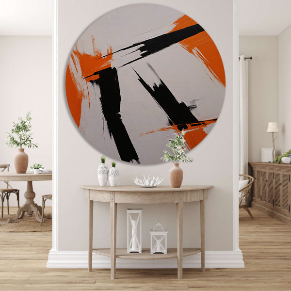 Dynamische abstractie in zwart, wit en oranje forex muurcirkel
