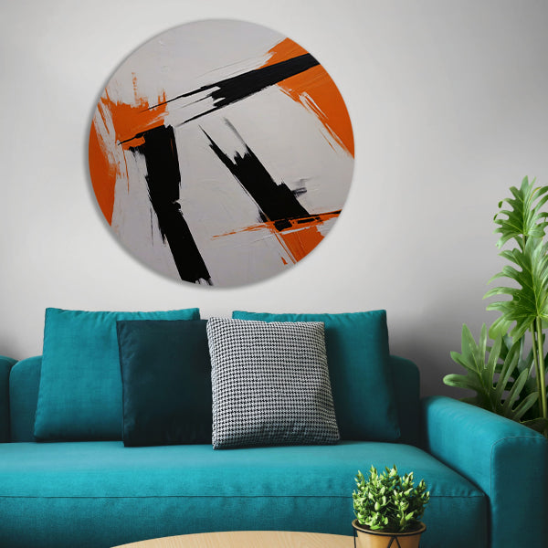 Dynamische abstractie in zwart, wit en oranje forex muurcirkel