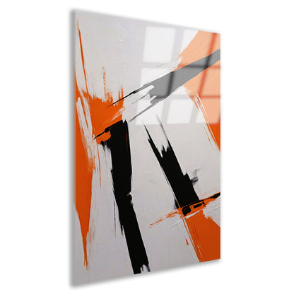 Dynamische abstractie in zwart, wit en oranje acrylglas