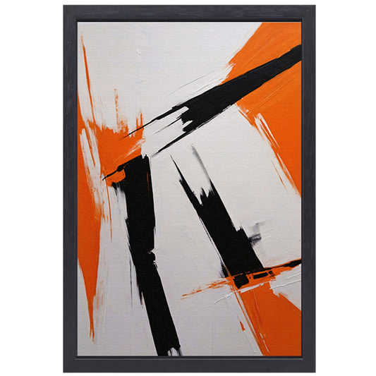 Dynamische abstractie in zwart, wit en oranje canvas met baklijst