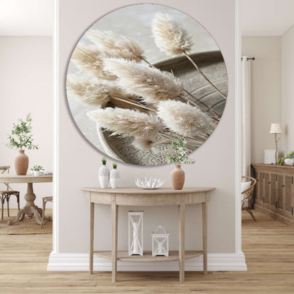 Minimalistische droogbloemen op schaal aluminium muurcirkel